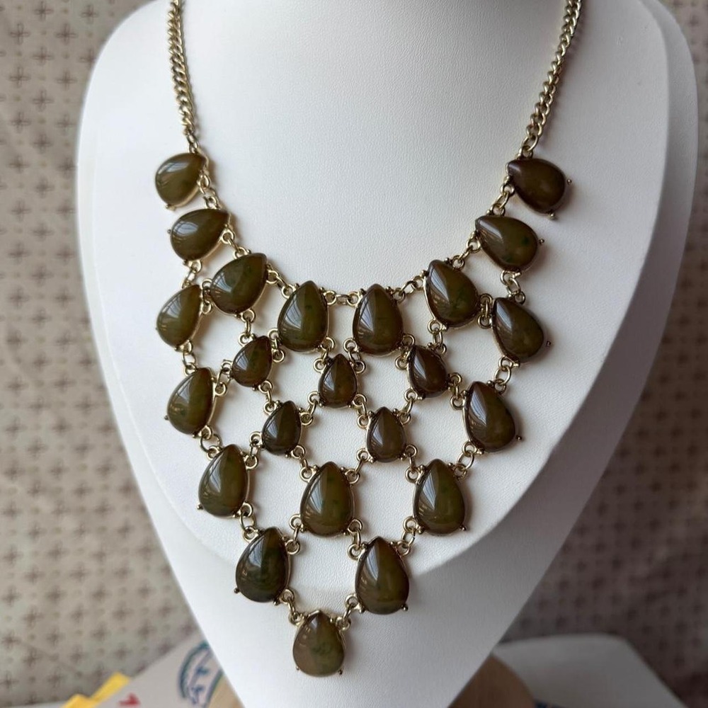 Gold Tone Olive Green Teardrop Cascading Bib Statement Necklace